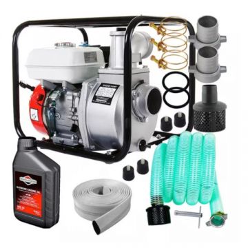 Set Motopompa apa 6.5CP, 3 toli, 1000 l/min, H-28m, furtun ref. 20m, furtun abs. 8m, Micul Fermier si Ulei Motor 4Timpi Briggs & Stratton