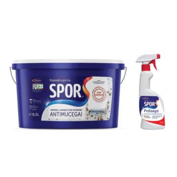 Vopsea lavabila interior Spor antimucegai, baie si bucatarie, alb, 8.5 l + solutie Polisept antimucegai, 0.5 l