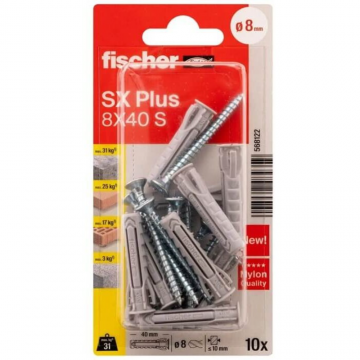 Diblu din nailon cu surub, Fischer SX Plus, 8 x 40 mm, 10 buc