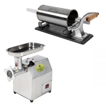 Pachet Micul Fermier, Masina de tocat carne inox, 350W, 60Kg/h + Masina de Umplut Carnati Inox, 3Kg, orizontal, 5 palnii incluse