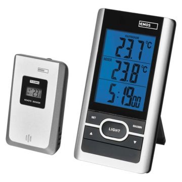 Satatie meteo digitala EMOS E0107, wireless, exterior/interior, senzor de exterior, functie de memorie, plastic, negru/gri, 25 × 82 × 152 mm