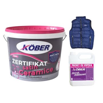 Vopsea lavabila interior/exterior Kober Zertifikat Satin, cu microsfere ceramice, alb, 15 l + amorsa Kober 3 l + vesta KOBER