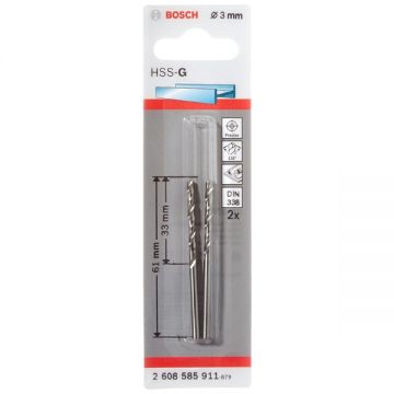 Bosch 2608585911 - Set burghie metal HSS-G 3 mm tija cilindrica 2 bucati