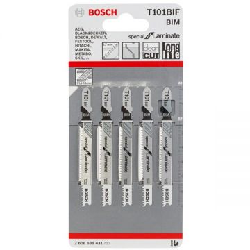 Bosch T 101 BIF - Set panze fierastrau pendular tija cu un prag de prindere (T) 83 mm panou laminat taiere dreapta fina 5 bucati