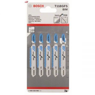 Bosch T 118 GFS - Set panze fierastrau pendular tija cu un prag de prindere (T) 83 mm inox taiere dreapta fina 5 bucati