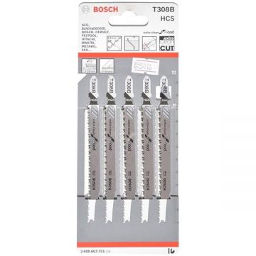 Bosch T 308 B - Set panze fierastrau pendular tija cu un prag de prindere (T) 117 mm lemn taiere dreapta fina 5 bucati