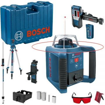 Bosch GRL 300 HV + BT 300 HD + GR 240 - Nivela laser rotativa 60 m +/-0.1 mm/m 150 300 600 rot/min receptor trepied mira proiectie verticala valiza plastic