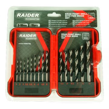 Raider 157791 - Set 15 burghie lemn cu varf ascutit 3-10 mm tija cilindrica