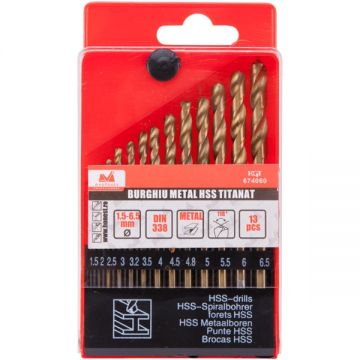 Evotools 674060 - Set burghie metal HSS-TIN 1.5-6.5 mm tija cilindrica 13 bucati