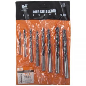 Evotools 678007 - Set burghie lemn cu varf ascutit 3-10 mm tija cilindrica 8 bucati