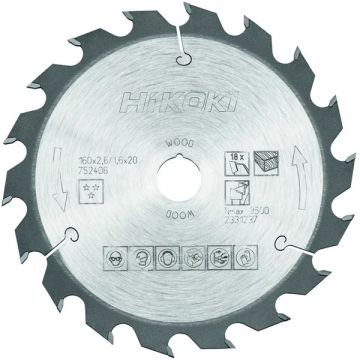 HiKOKI  752406 - Panza fierastrau circular lemn 160x20/16x2.6 mm 18 dinti