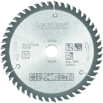 HiKOKI 752408 - Panza fierastrau circular lemn 160x20/16x2.6 mm 48 dinti