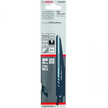 Bosch S 925 HBF - Set panze fierastrau sabie bimetal 150 mm 10+12+14 dinti/inch dantura 3x3 Tooth Geometry Micro Edge 5 bucati