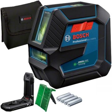 Bosch GLL 2-15 G + LB 10 - Nivela laser cu linii 15 m +/-0.3 mm/m 2 linii laser fascicul verde suport perete geanta textila