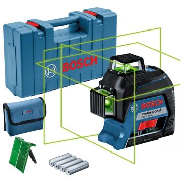 Bosch GLL 3-80 G - Nivela laser cu linii 30 m +/-0.3 mm/m 3 linii laser fascicul verde proiectie 360 grade valiza plastic