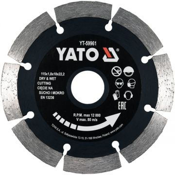 Yato YT-59961 - Disc diamantat de taiere segmentat 115x22.2x1.8 mm taiere umeda si uscata