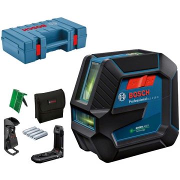 Bosch GLL 2-15 G + LB 10 + DK 10 - Nivela laser cu linii 15 m +/-0.3 mm/m 2 linii laser fascicul verde suport perete valiza plastic