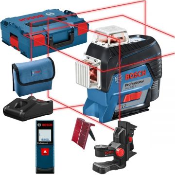 Bosch GLL 3-80 C + GLM 20 - Nivela laser cu linii 30 m +/-0.2 mm/m 3 linii laser fascicul rosu proiectie 360 grade suport perete valiza speciala + Telemetru laser