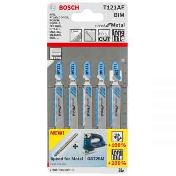 Bosch T 121 AF - Set panze fierastrau pendular tija cu un prag de prindere (T) 92 mm metal taiere dreapta fina 5 bucati