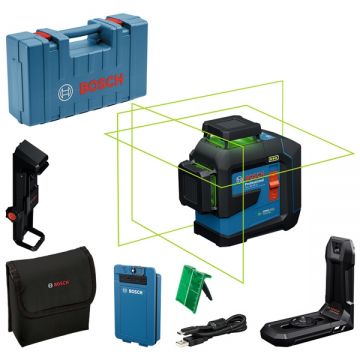 Bosch GLL 80-33 G - Nivela laser cu linii 30 m +/-0.3 mm/m 3 linii laser fascicul verde proiectie 360 grade suport perete valiza plastic