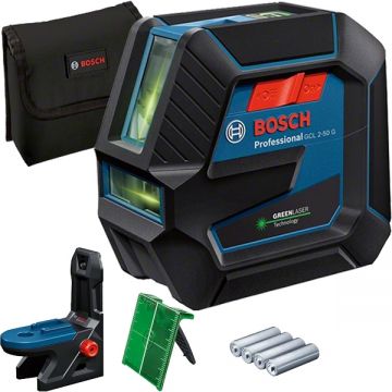 Bosch GCL 2-50 G + RM 10 - Nivela laser cu linii si puncte 2 linii laser 15 m 2 puncte laser 10 m +/-0.3 mm/m suport perete geanta textila