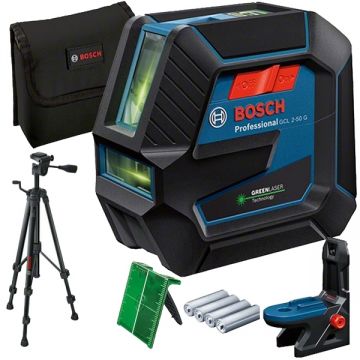 Bosch GCL 2-50 G + RM 10 + BT 150 - Nivela laser cu linii si puncte 2 linii laser 15 m 2 puncte laser 10 m +/-0.3 mm/m suport perete trepied geanta textila