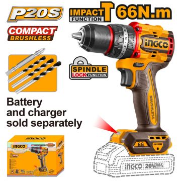 Masina de gaurit Bormasina 20V cu Impact 66Nm Mandrina Metalica, brushless, 2000rpm, fara acumulator Ingco CIDLI206681