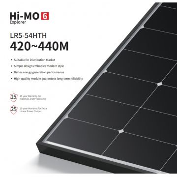 Panou Solar Fotovoltaic Monocristalin Longi Hi-MO6 Explorer LR5-54HTH-440M Black Frame, max. 1500V, lungime cablu 1200mm, conector T6, 440W, 1722x1134x30mm, IP68, 108 celule [2X(9X6)]