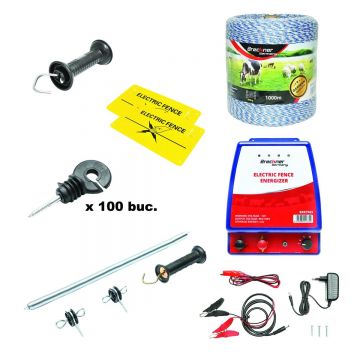 Kit complet gard electric 12/220V, 3.5 Joule, lungime fir 1000m, 100 izolatori, maner, poarta si 2 placute avertizare, Cod: BK87105, Brand: BRECKNER GERMANY