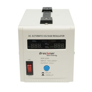 Stabilizator automat de tensiune monofazic cu releu 2000VA/140-260V, 2 prize schuko 230V, afisaj LCD, Cod: BK79720, Marca: BRECKNER GERMANY