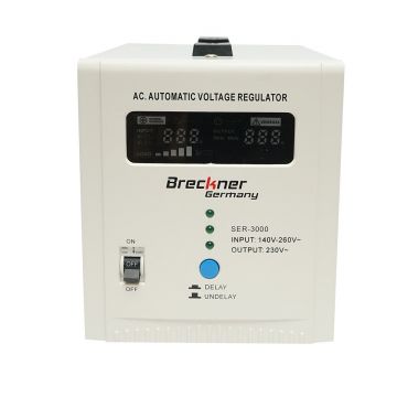 Stabilizator automat de tensiune monofazic cu releu 3000VA/140-260V, 2 prize schuko 230V, afisaj LCD, Cod: BK79721, Marca: BRECKNER GERMANY