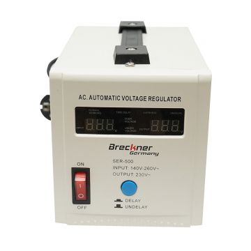 Stabilizator automat de tensiune monofazic cu releu 500VA/140-260V, 2 prize schuko 230V, afisaj LCD , Cod: BK79718, Marca: BRECKNER GERMANY,