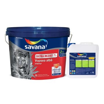 Vopsea ultra-lavabila interior Savana Ultra Rezist, alb, 15 l + amorsa 4 l